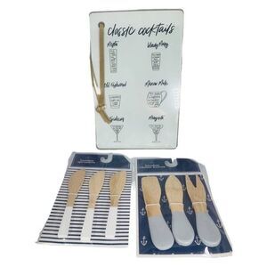 Small Glass Cutting Board 9X6 White Cocktails Charcuterie Bamboo Spreaders Set
